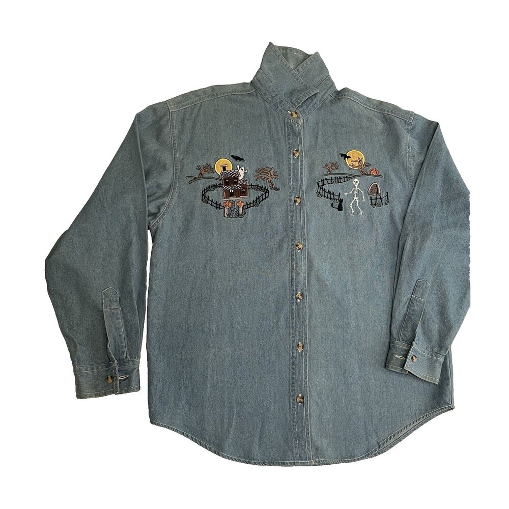 Vtg 90s Solutions Halloween Embroidered Denim Shirt PS Button-Up Ghost Bat Skele